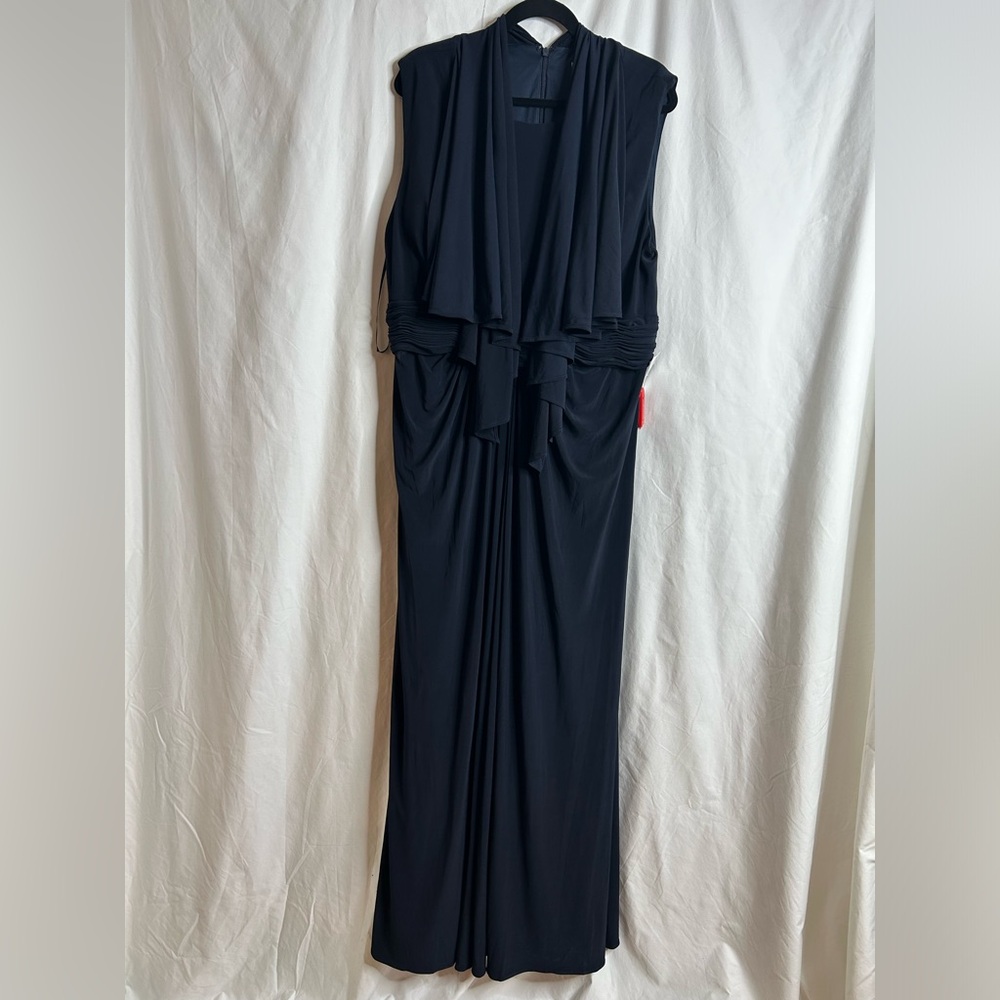 NWT Mac Duggal Womens Navy Jersey Cape Sleeve A-Line Gown Dress PLUS 18
